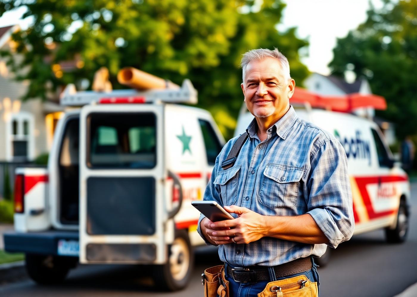 Contractor standing beside his work truck taking a call from a customer