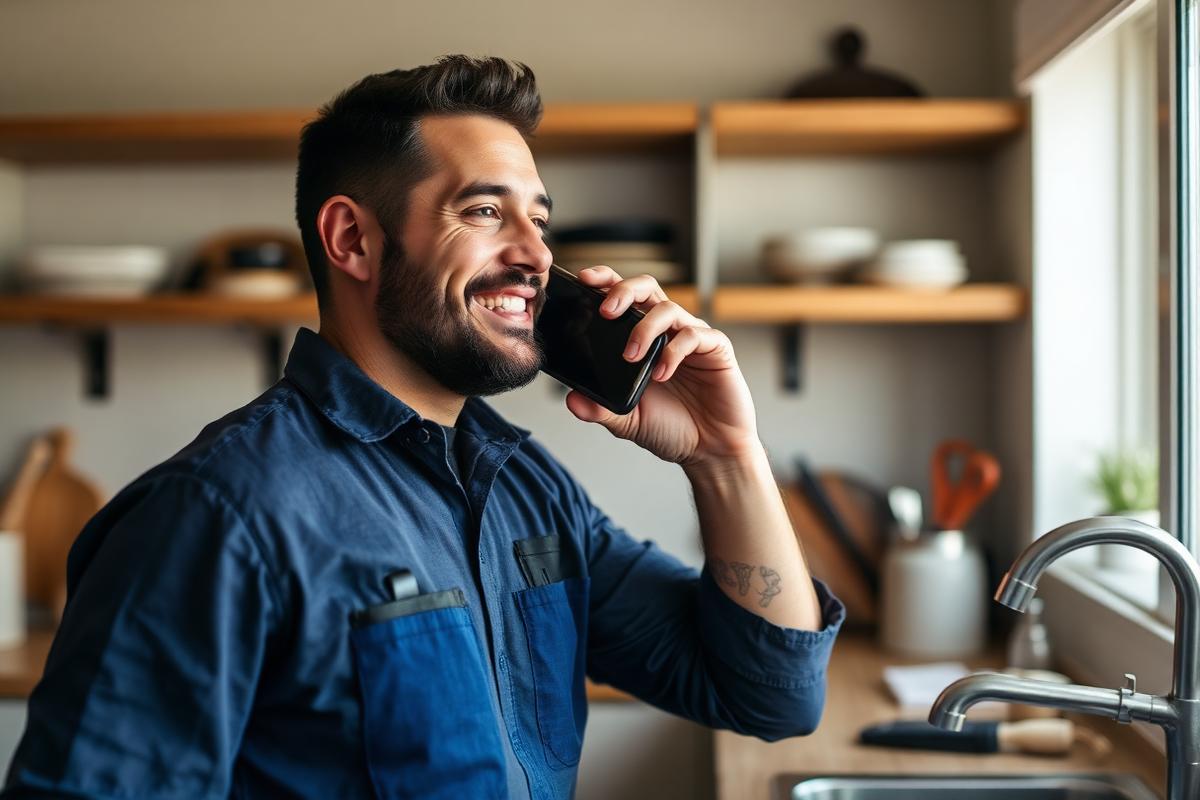 Plumber taking a customer call in a home kitchen