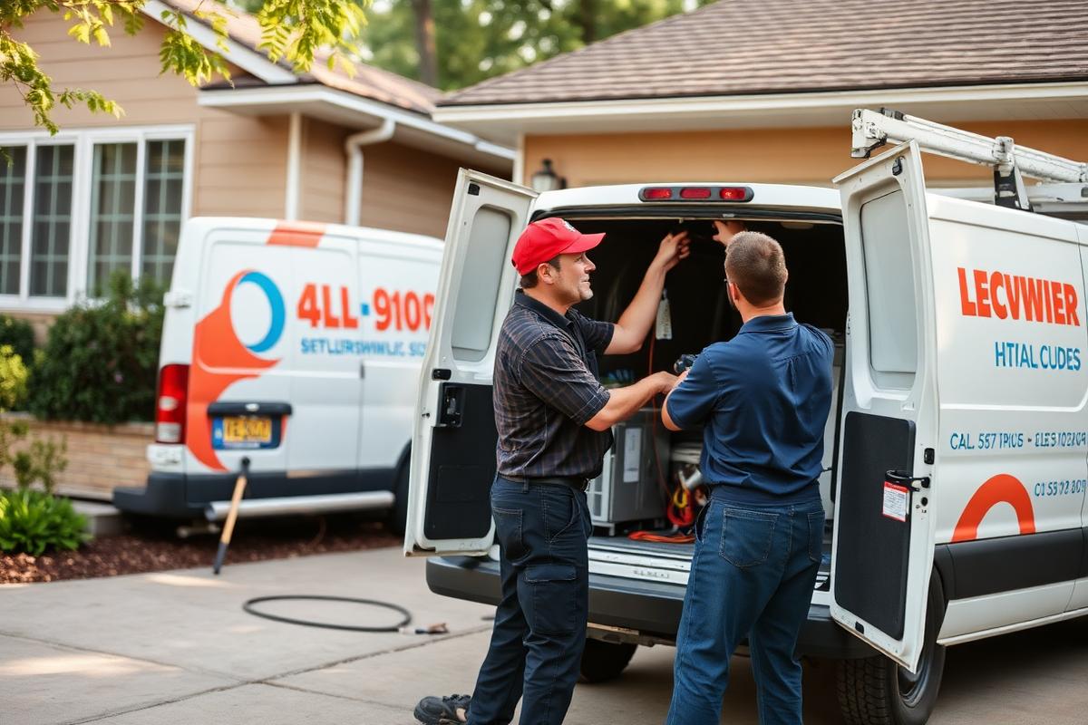 HVAC and electrical technicians loading equipment at a residential job site